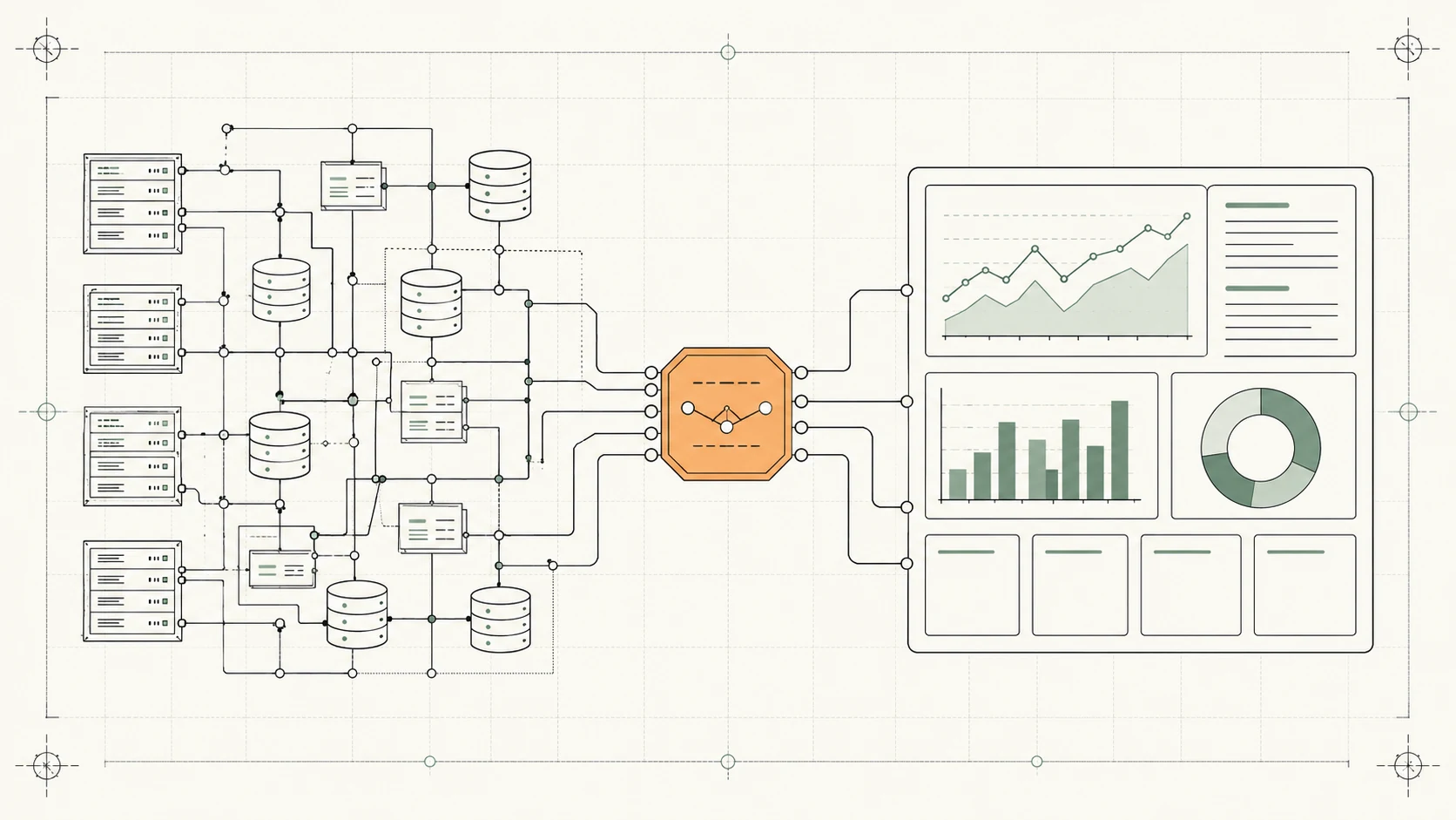 Blueprint illustration: a dense legacy system on the left bridged through a central middleware node to a modern self-service dashboard on the right.