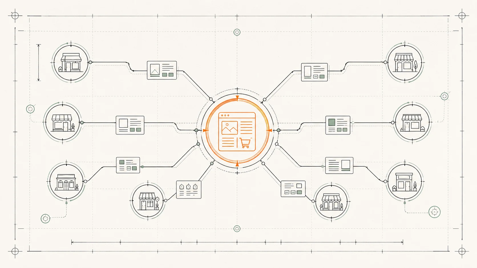 Blueprint illustration: a central content and commerce hub connected out to many storefront outlets, each receiving menus and content.